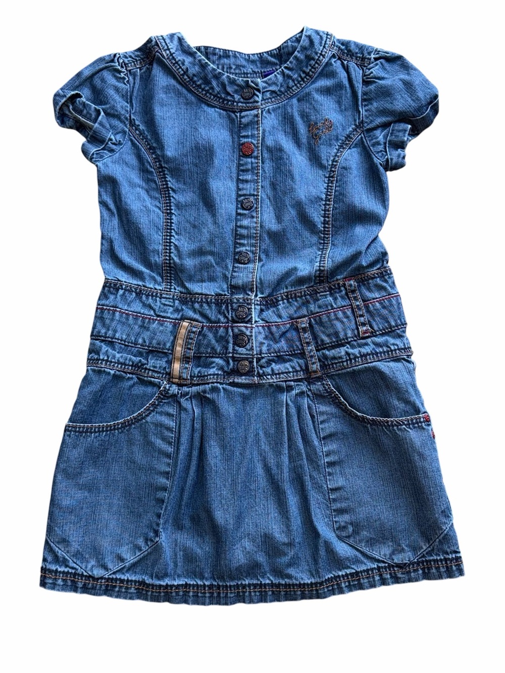 Mexx Blue Button Front Denim Dress Girls Size 6 Cap Short Sleeves and Pockets